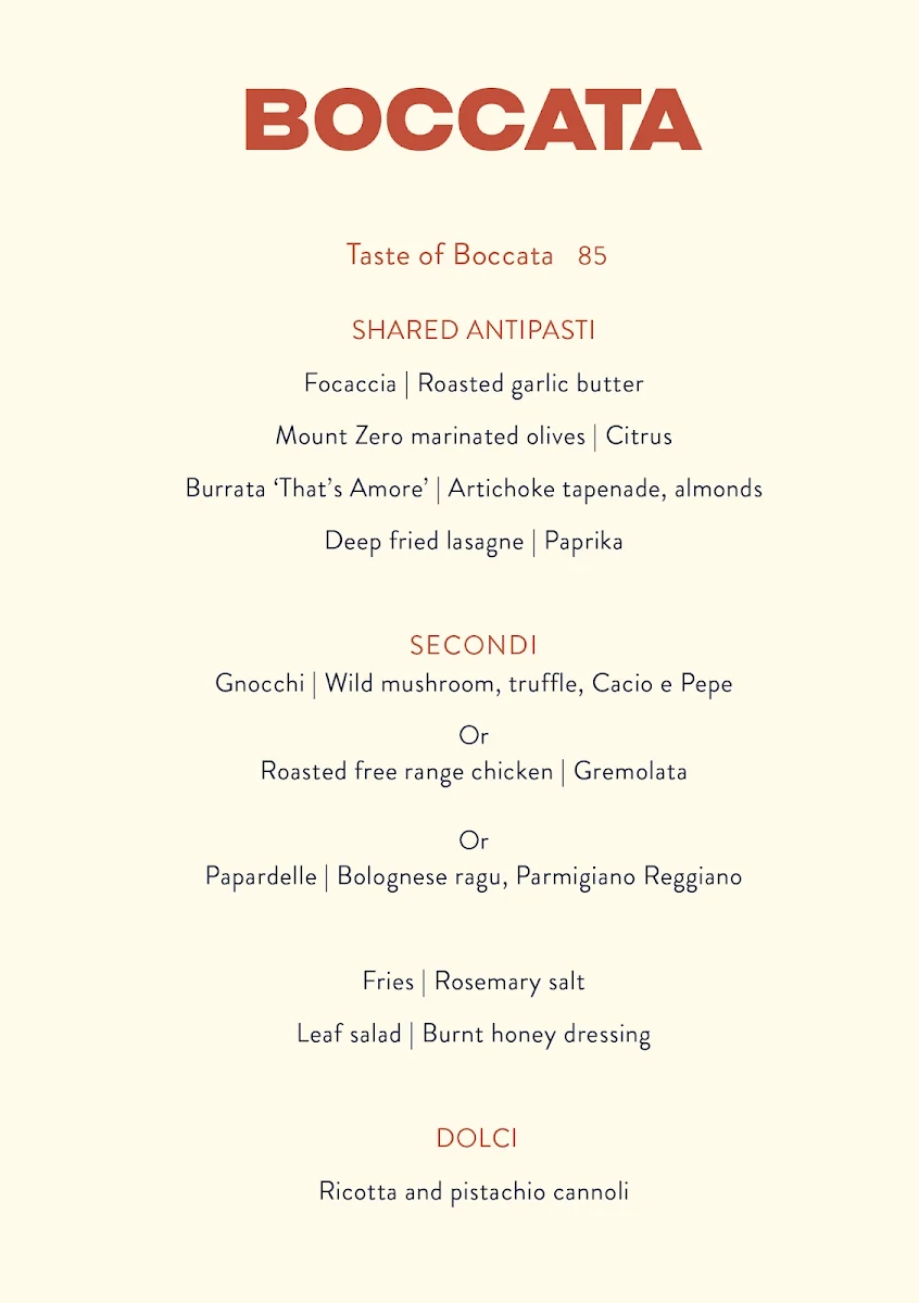 Menu, BOCCATA RESTAURANT