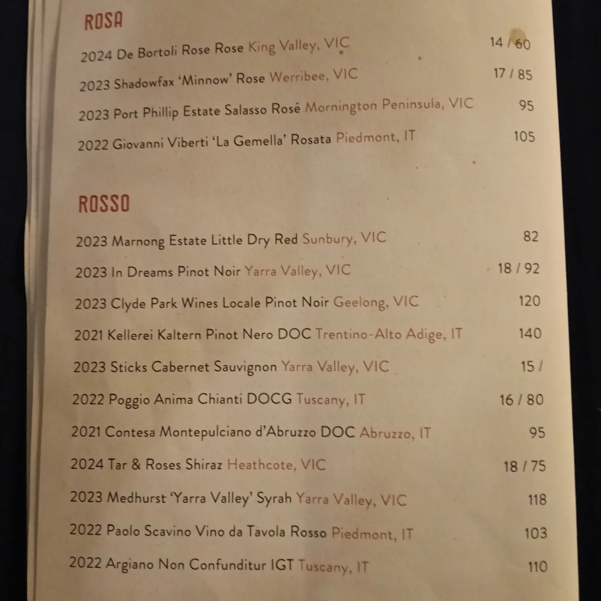 Menu, BOCCATA RESTAURANT