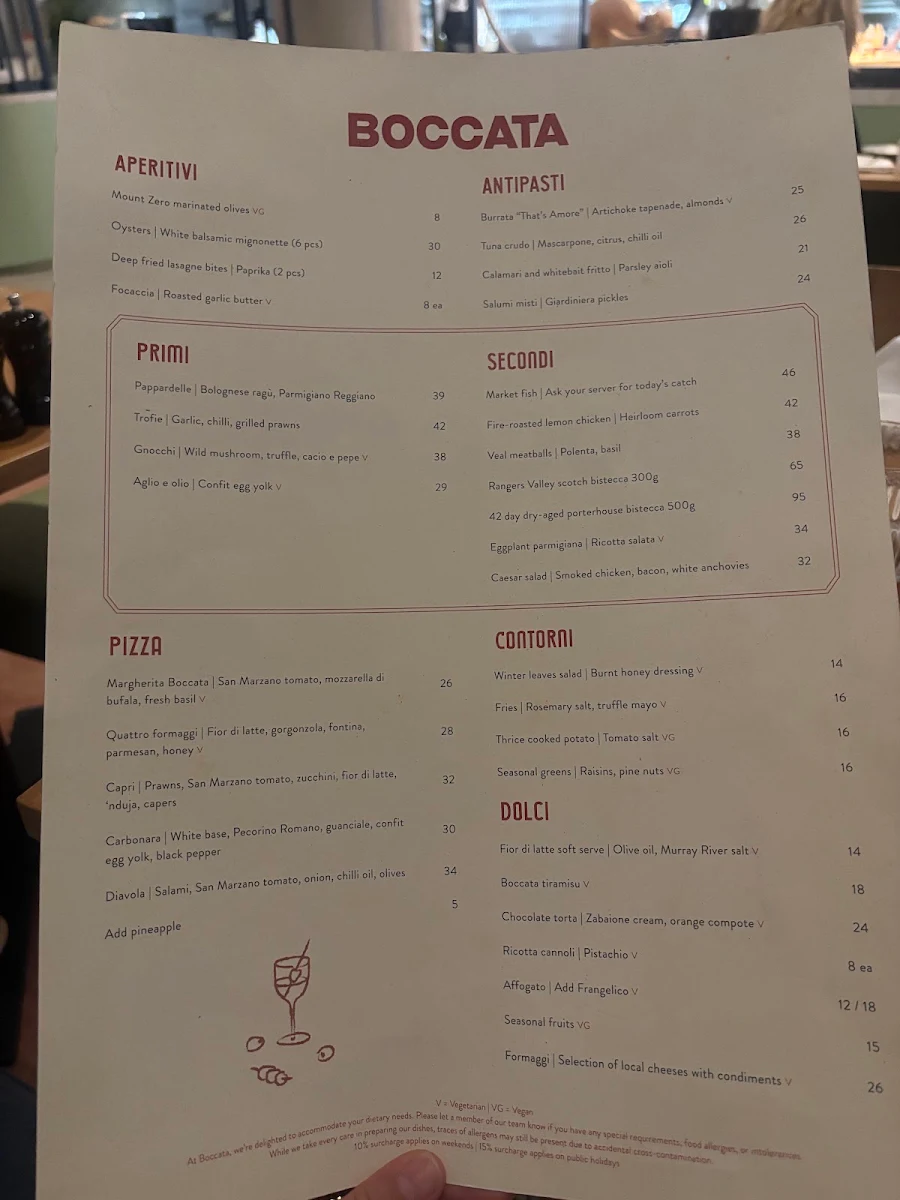 Menu, BOCCATA RESTAURANT