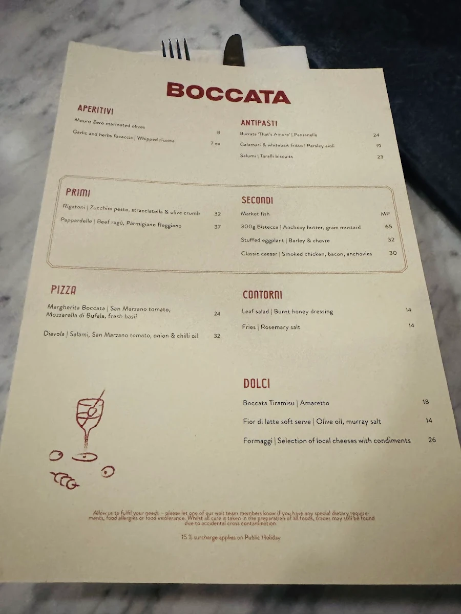 Menu, BOCCATA RESTAURANT