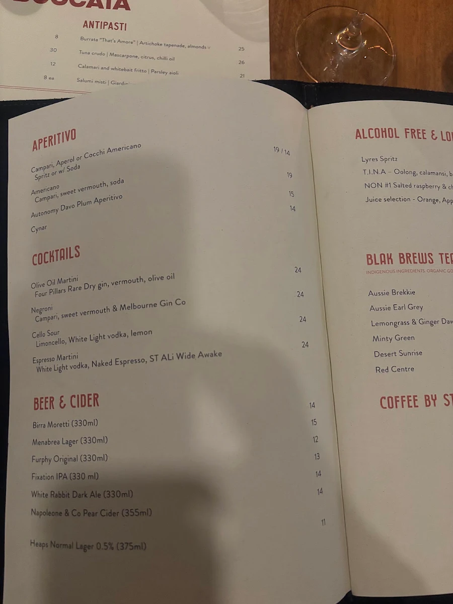 Menu, BOCCATA RESTAURANT