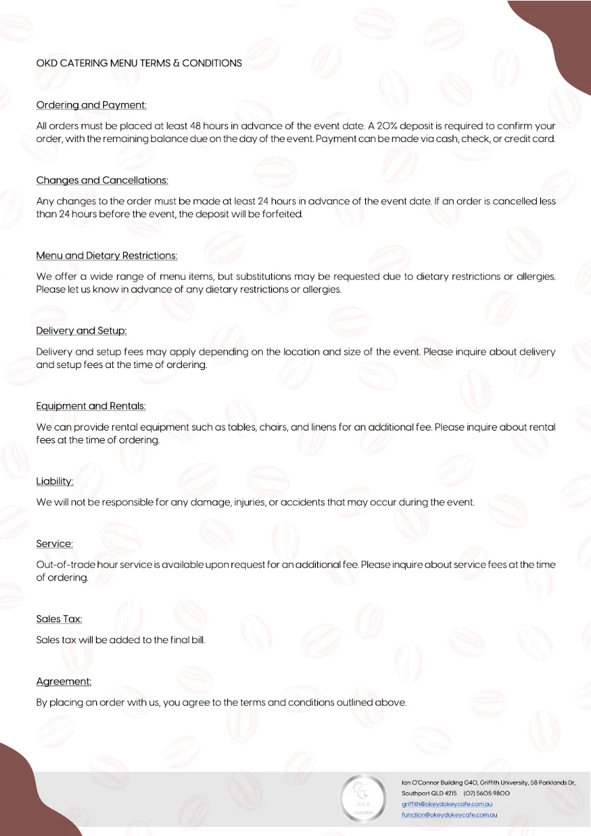 Menu, Okey Dokey Café (Griffith University Gold Coast)