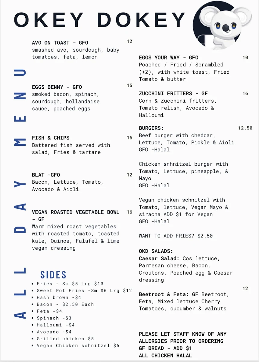 Menu, Okey Dokey Café (Griffith University Gold Coast)