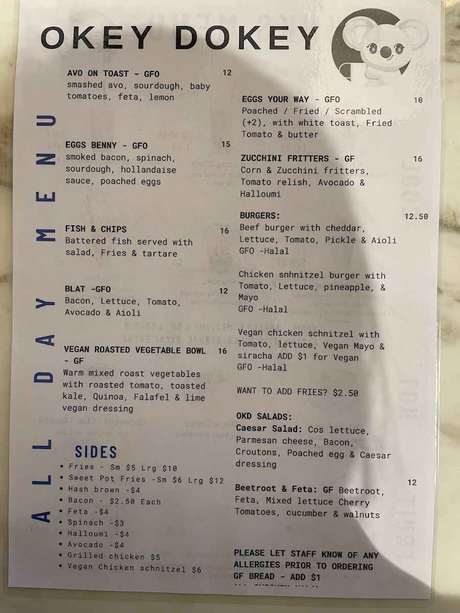Menu, Okey Dokey Café (Griffith University Gold Coast)