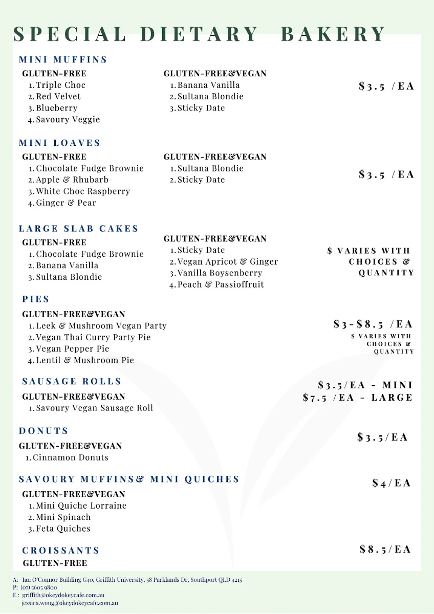 Menu, Okey Dokey Café (Griffith University Gold Coast)