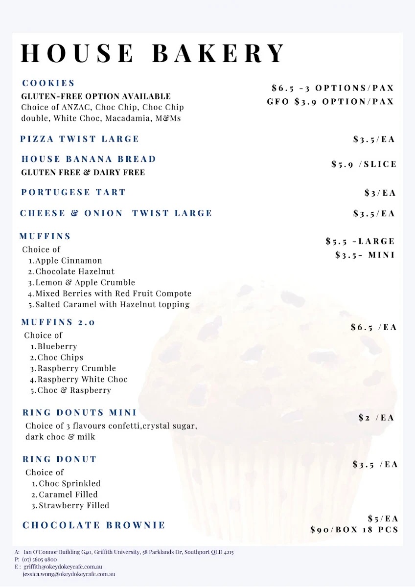 Menu, Okey Dokey Café (Griffith University Gold Coast)
