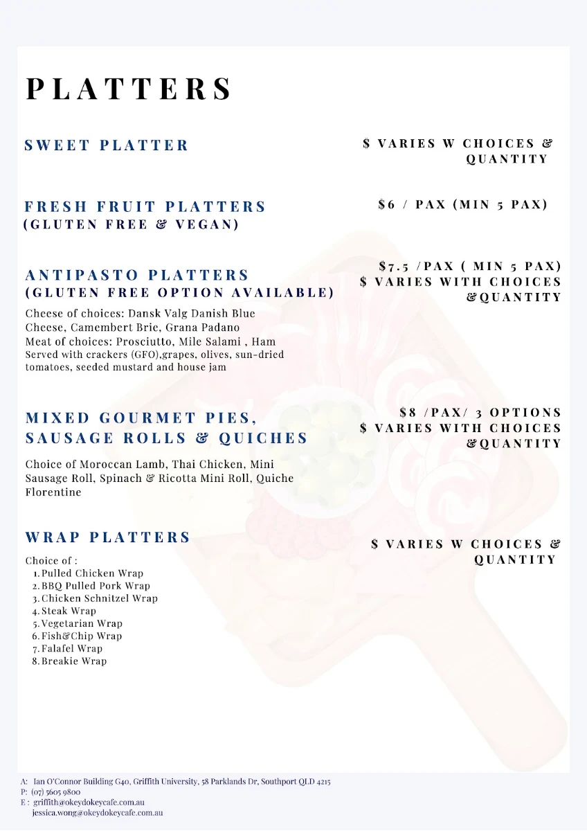 Menu, Okey Dokey Café (Griffith University Gold Coast)