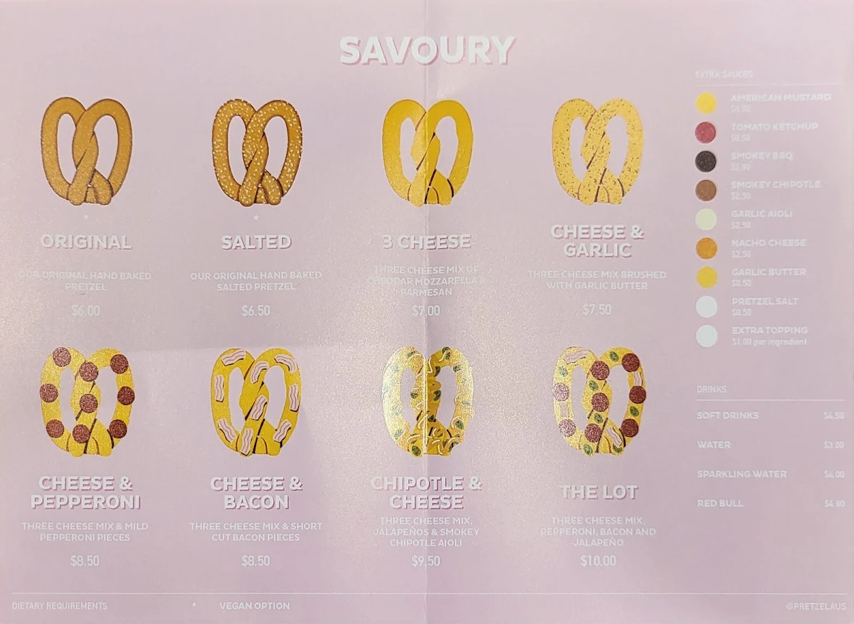 Menu, Pretzel Whitford City Shopping Centre