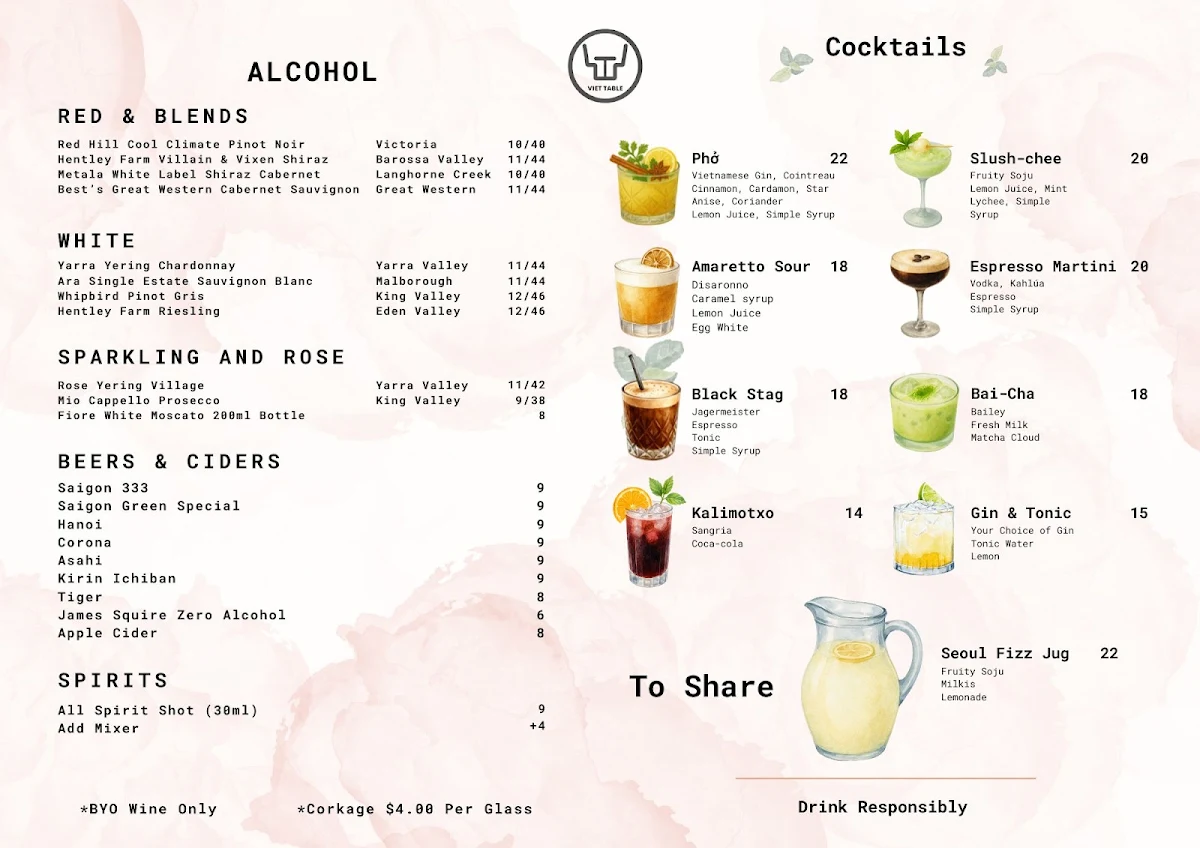 Menu, Viet Table 3 (Burwood Village)