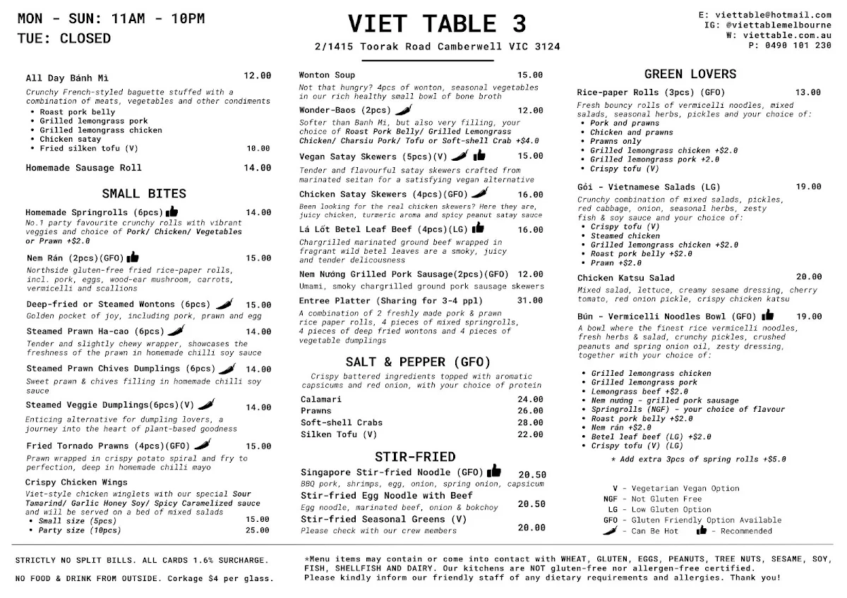Menu, Viet Table 3 (Burwood Village)