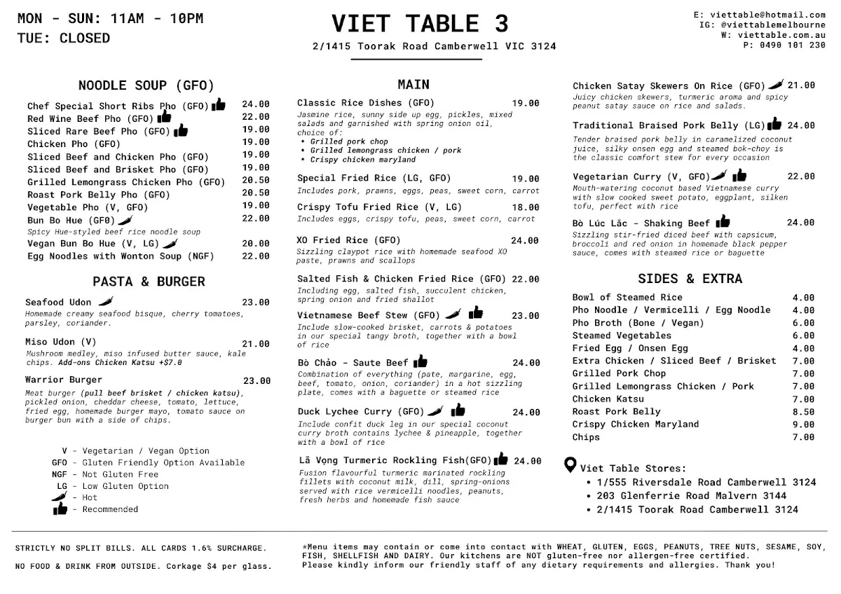 Menu, Viet Table 3 (Burwood Village)