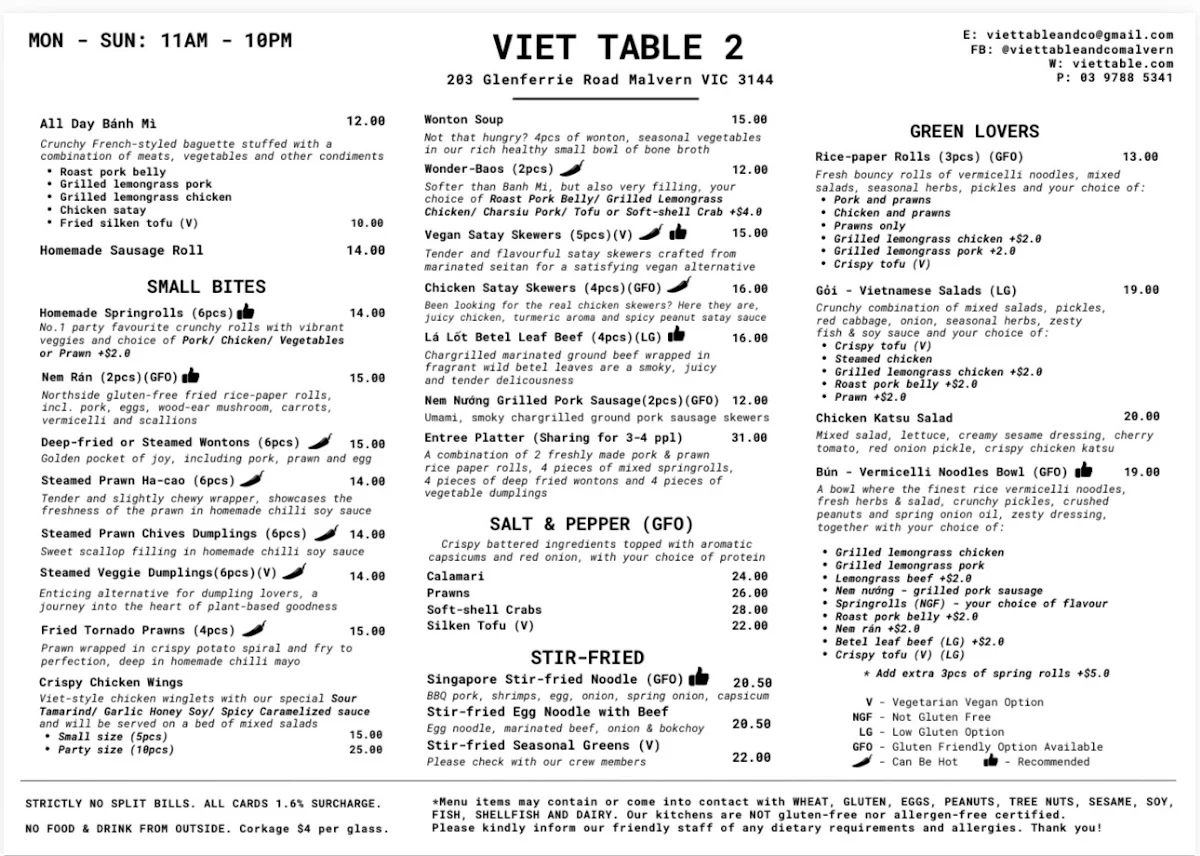 Menu, Viet Table 3 (Burwood Village)