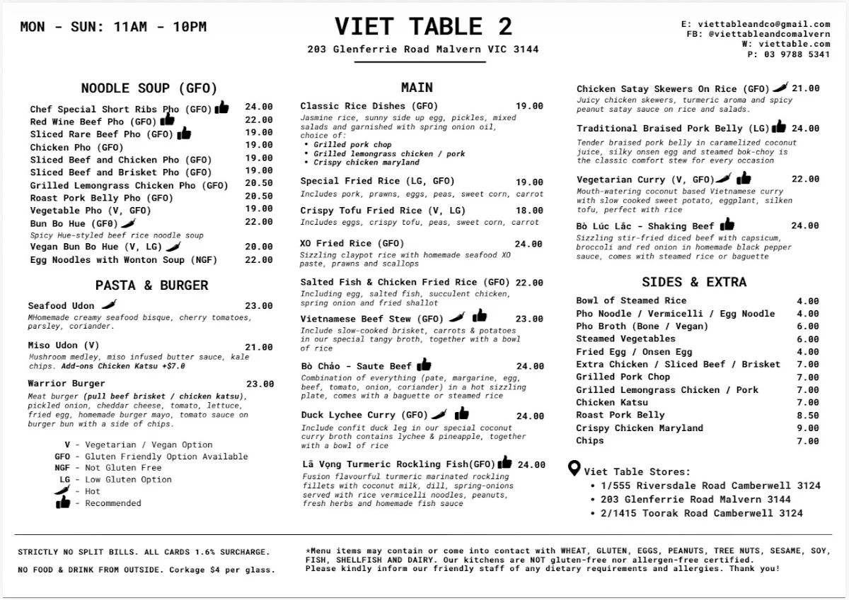 Menu, Viet Table 3 (Burwood Village)