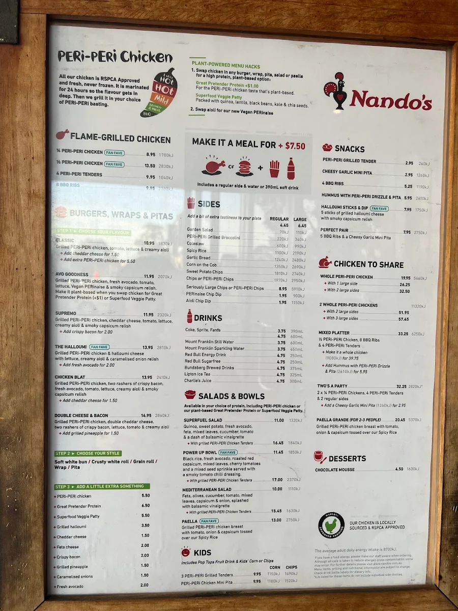 Menu, Nando's Malaga