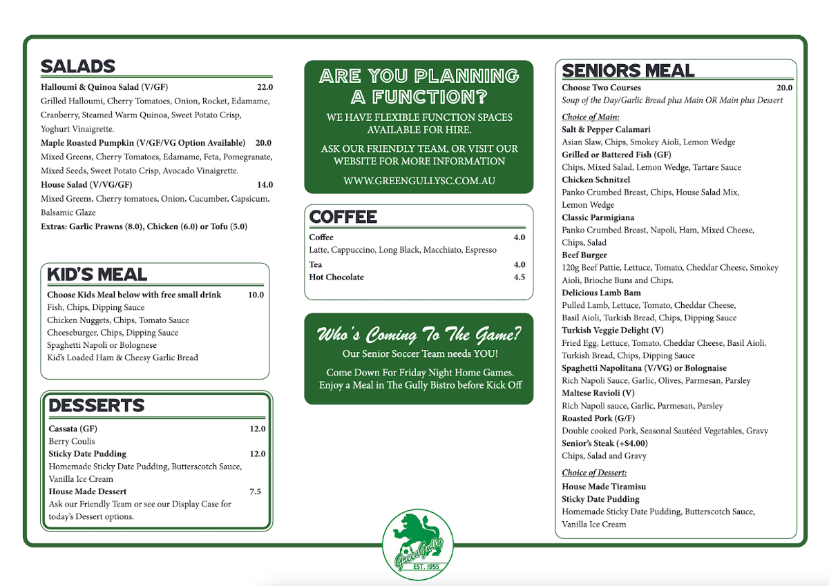 Menu, Gully Bistro @ Green Gully Soccer Club