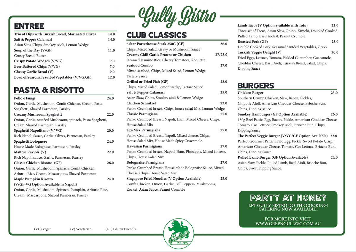 Menu, Gully Bistro @ Green Gully Soccer Club