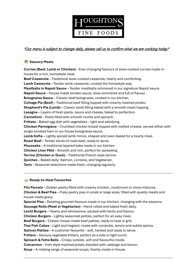 Menu, Houghtons Food Store