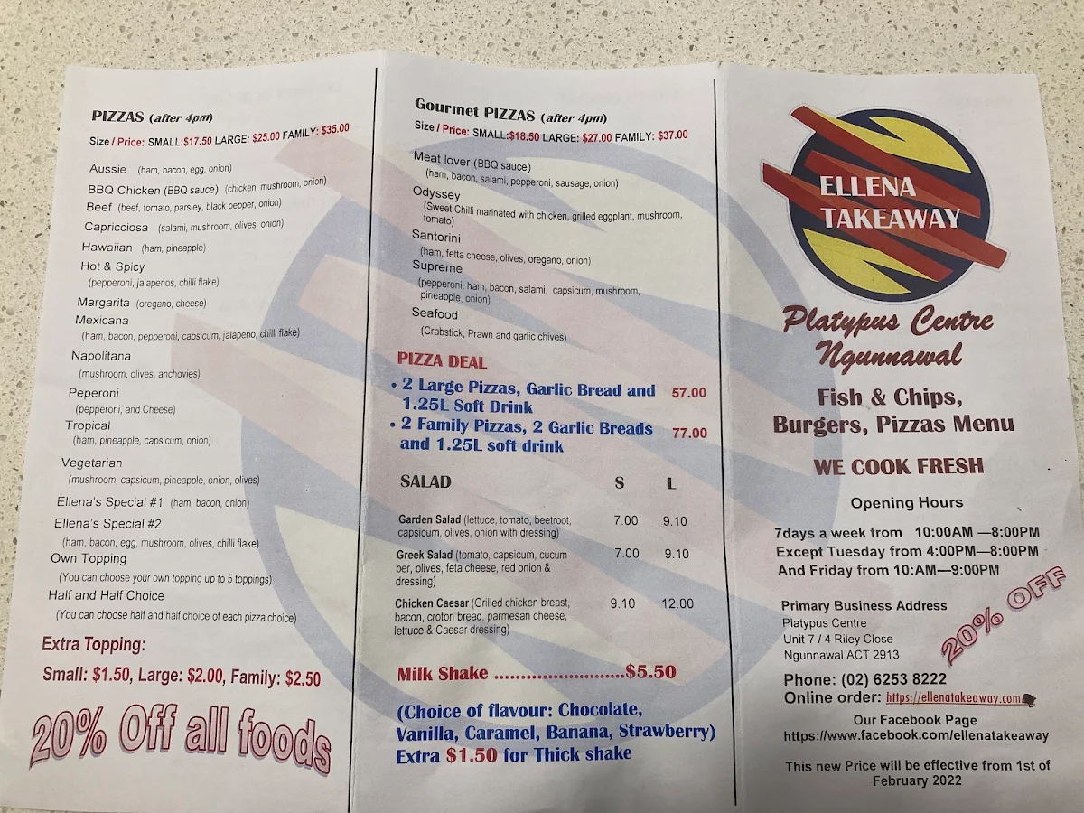 Menu, Ellena Takeaway & Pizza Bar
