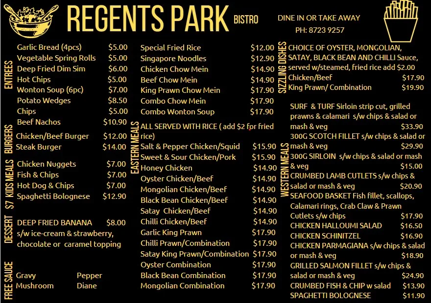 Menu, Regents Park Hotel