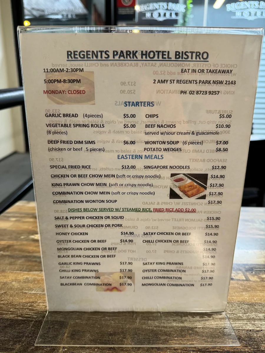 Menu, Regents Park Hotel