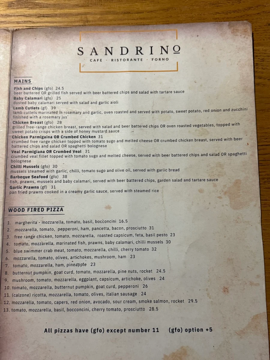 Menu, Sandrino Cafe and Pizzeria