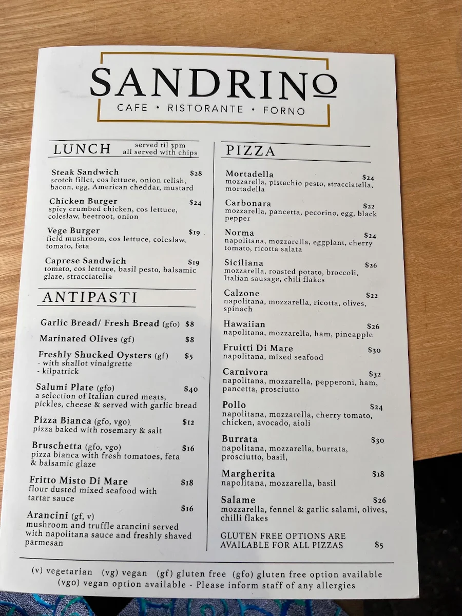 Menu, Sandrino Cafe and Pizzeria