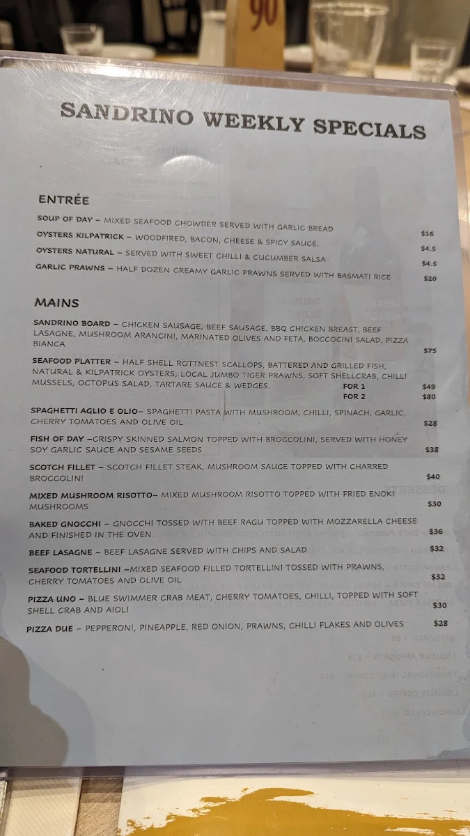 Menu, Sandrino Cafe and Pizzeria