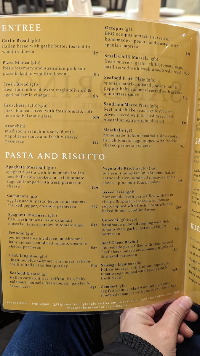 Menu, Sandrino Cafe and Pizzeria