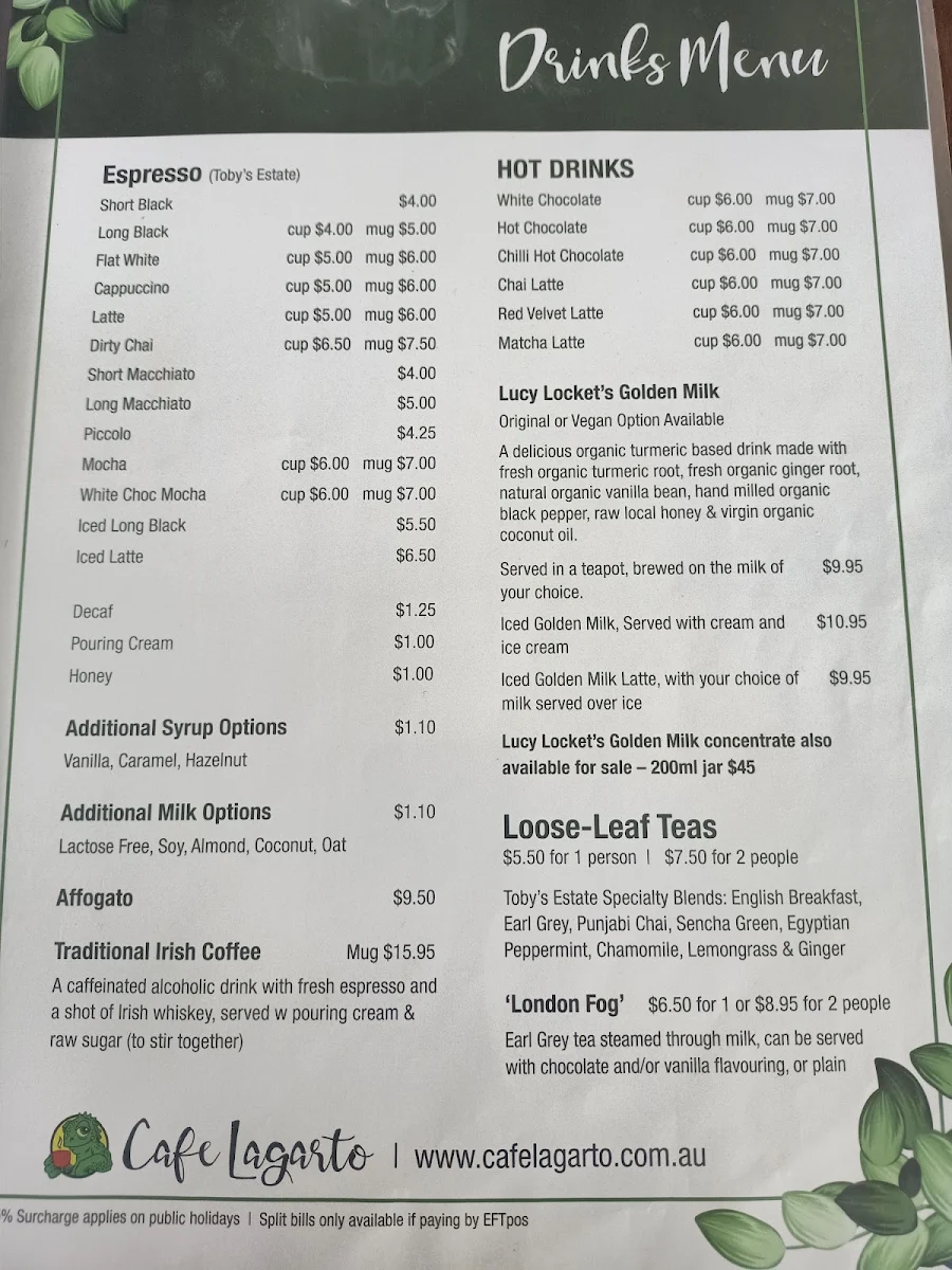 Menu, Café Lagarto