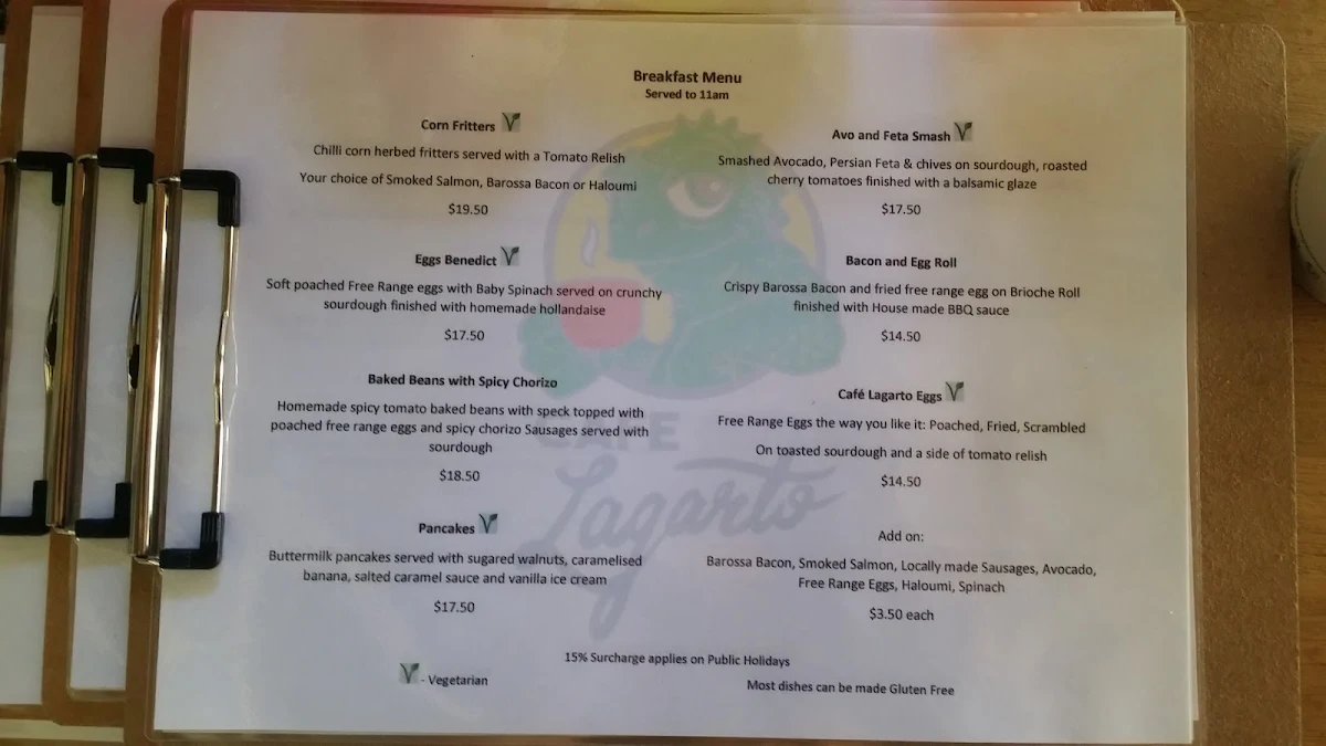 Menu, Café Lagarto