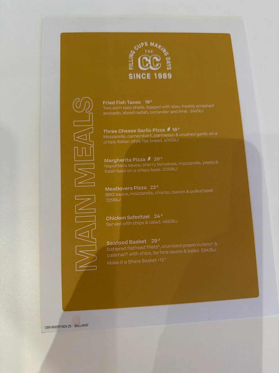 Menu, The Coffee Club - Ballarat