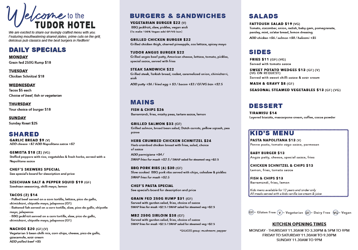 Menu, Tudor Hotel Redfern
