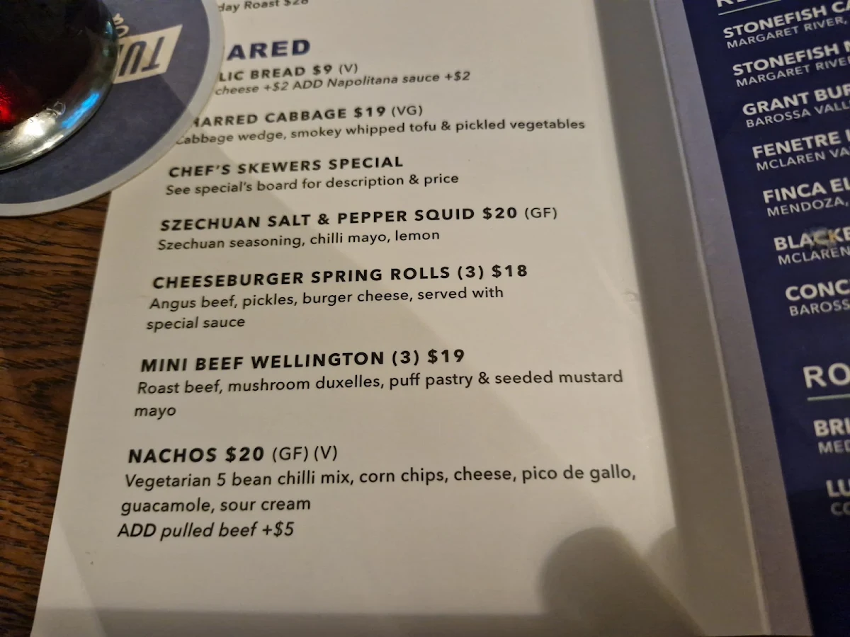 Menu, Tudor Hotel Redfern