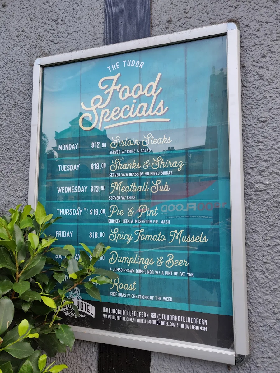 Menu, Tudor Hotel Redfern