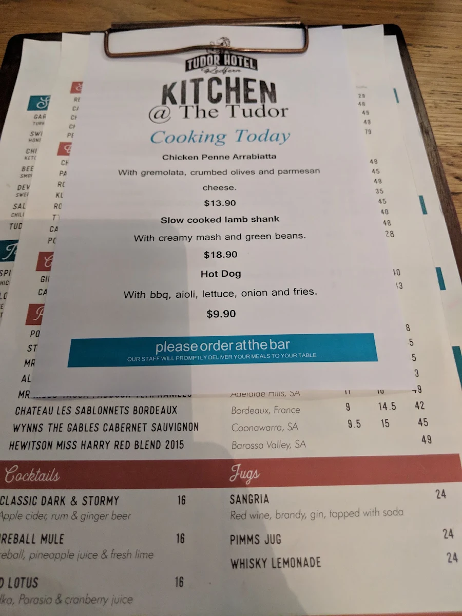 Menu, Tudor Hotel Redfern