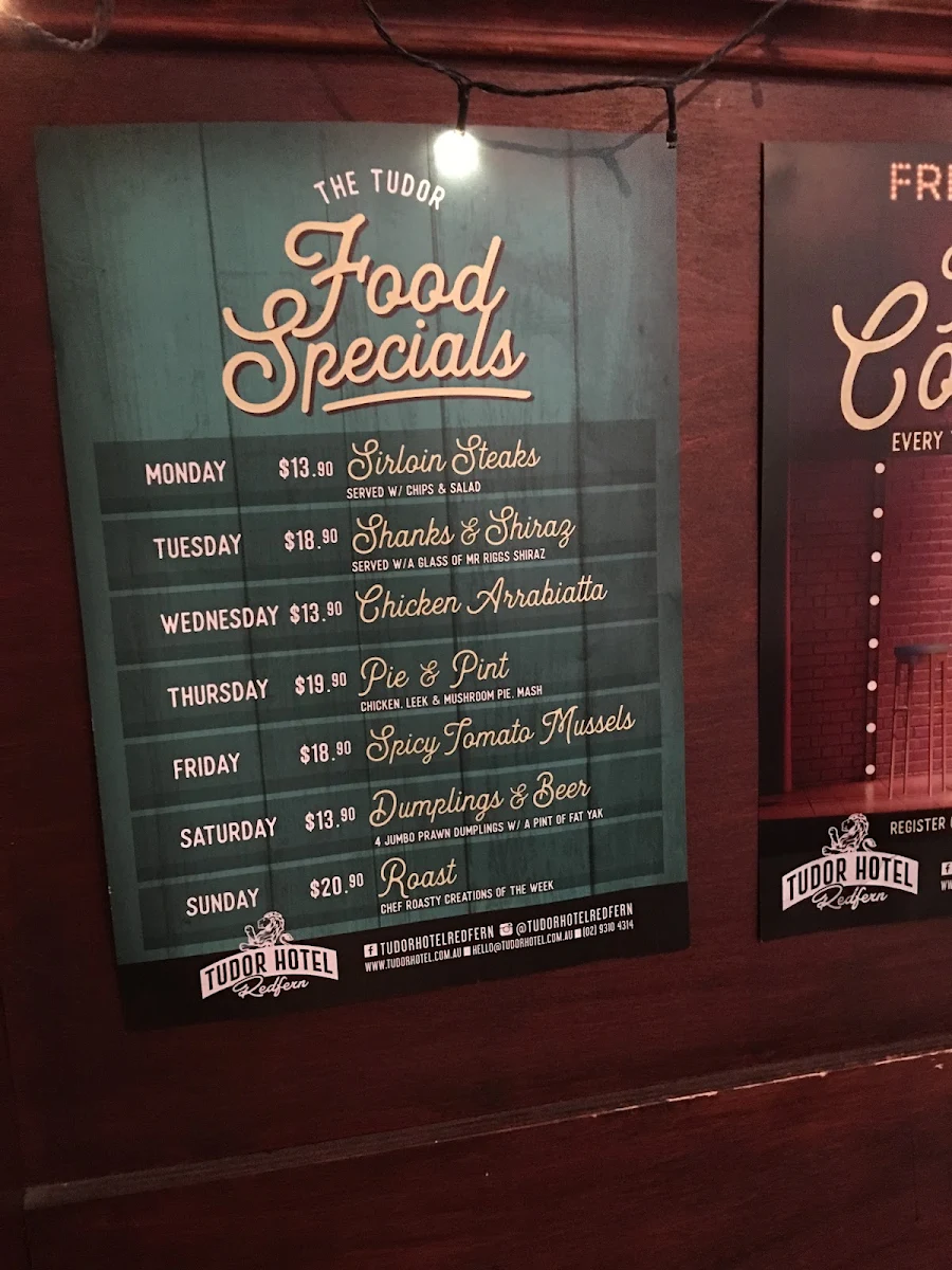 Menu, Tudor Hotel Redfern