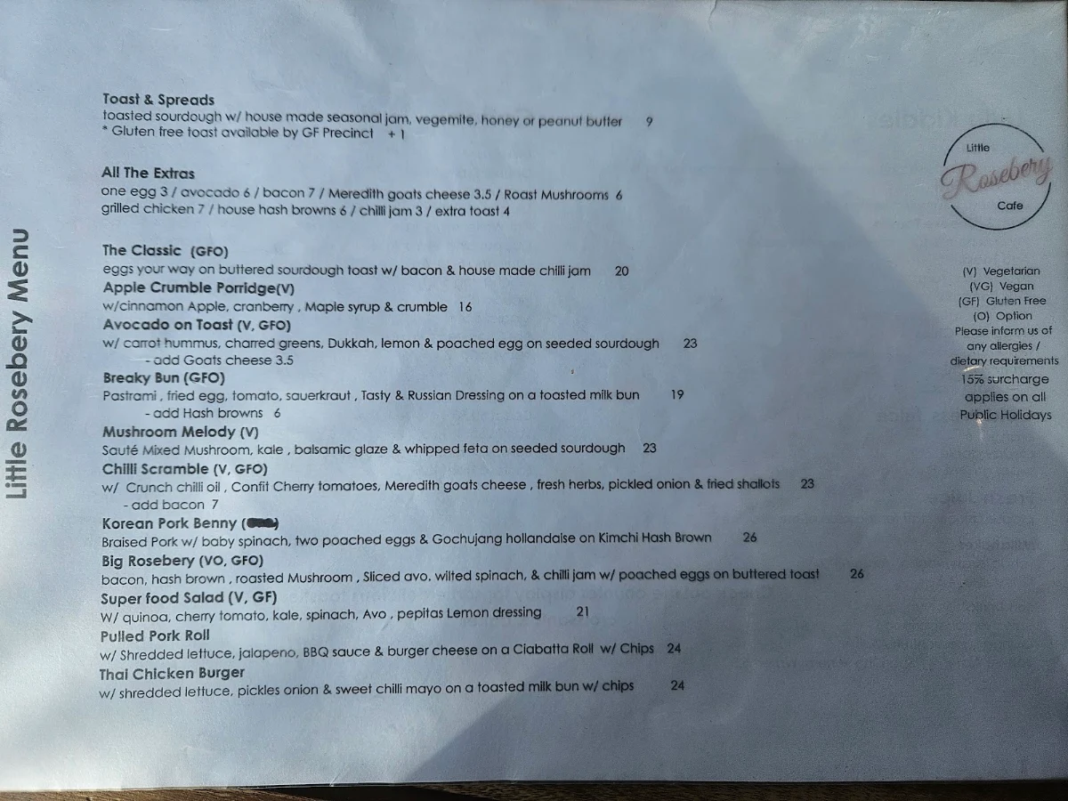 Menu, Little Rosebery Cafe