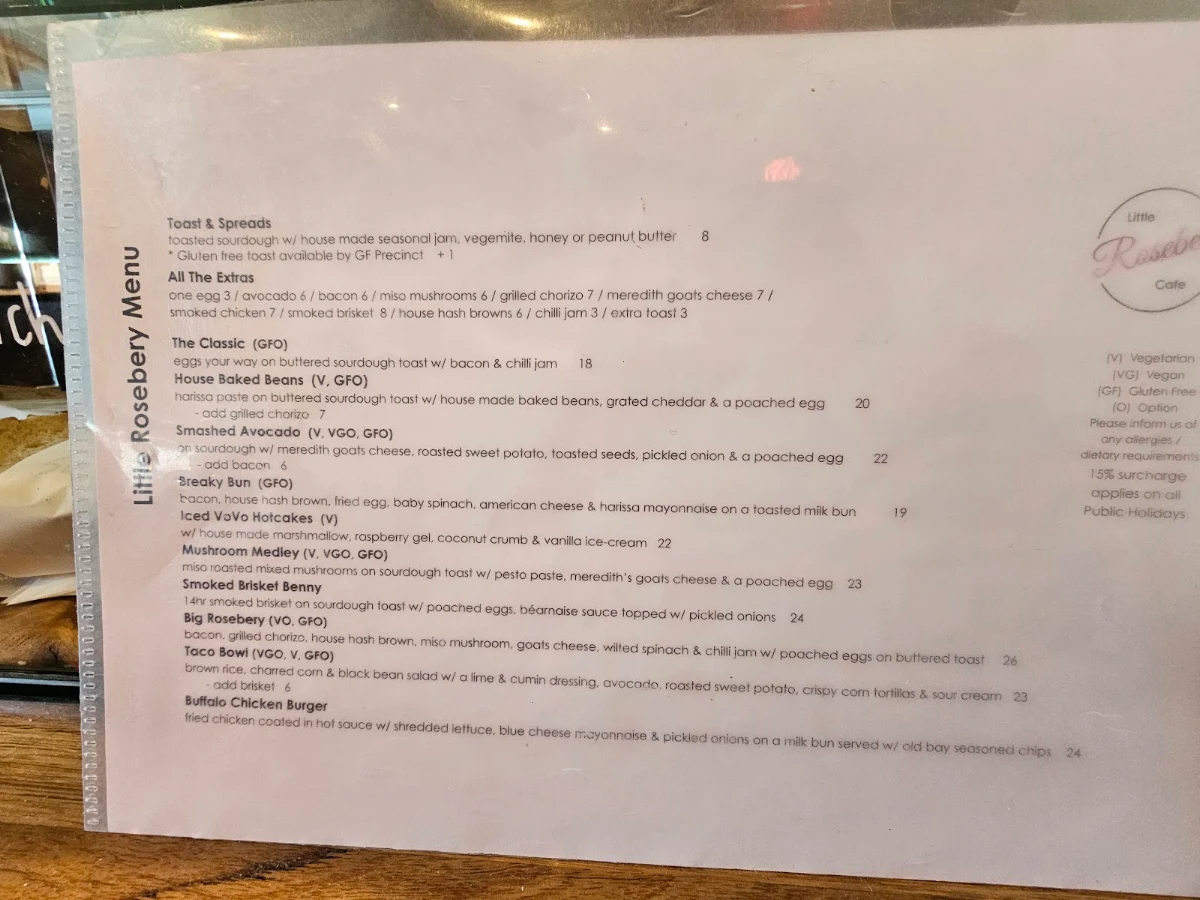 Menu, Little Rosebery Cafe