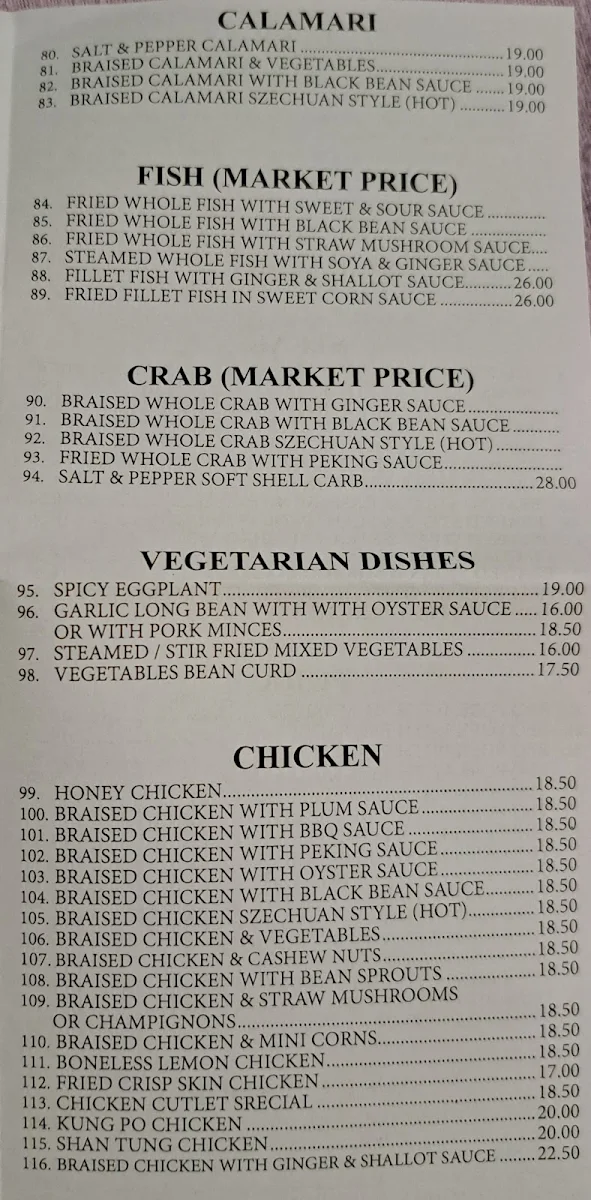 Menu, Baulkham Palace Chinese Restaurant