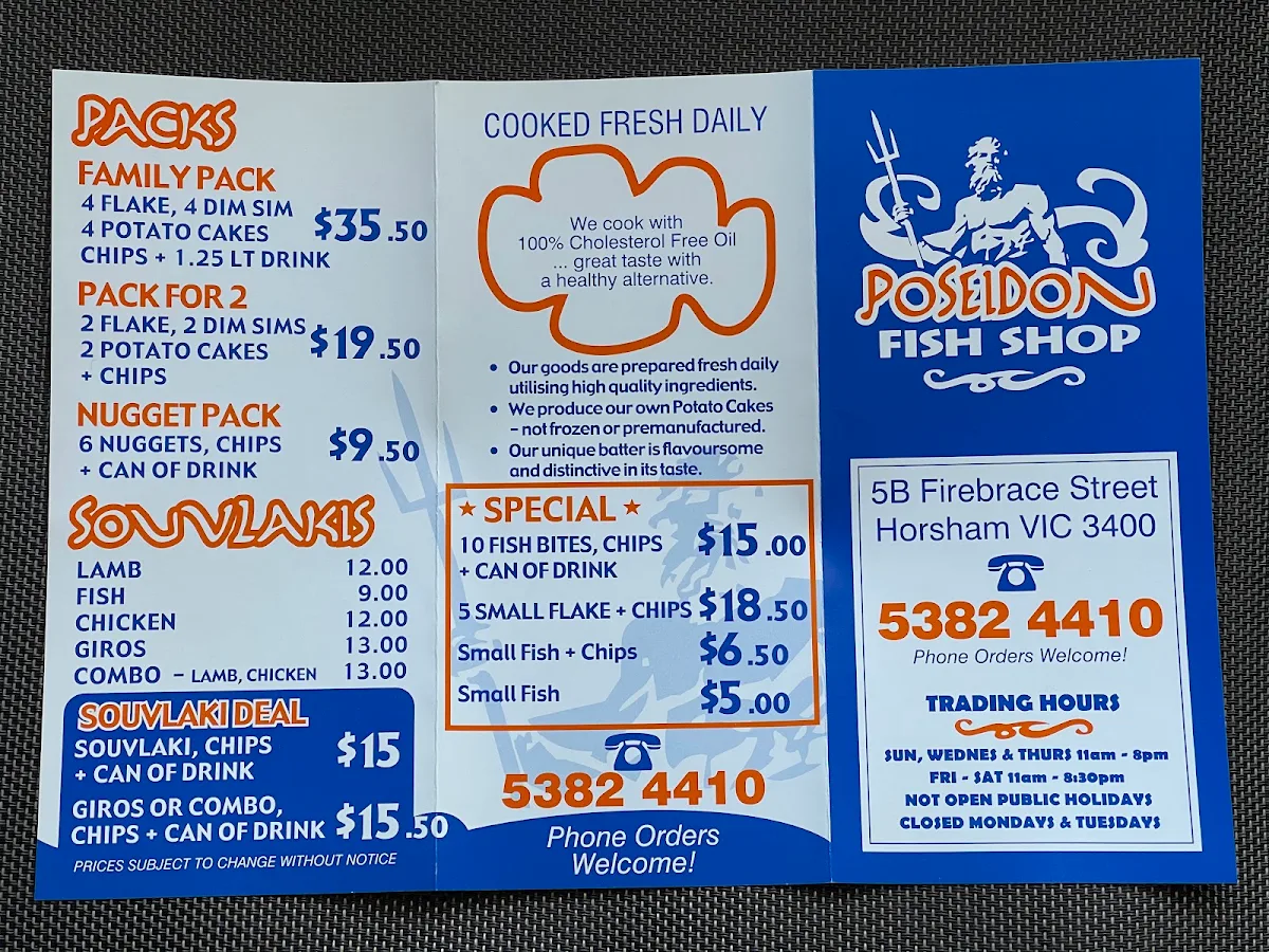 Menu, Poseidon Fish and Chips Horsham