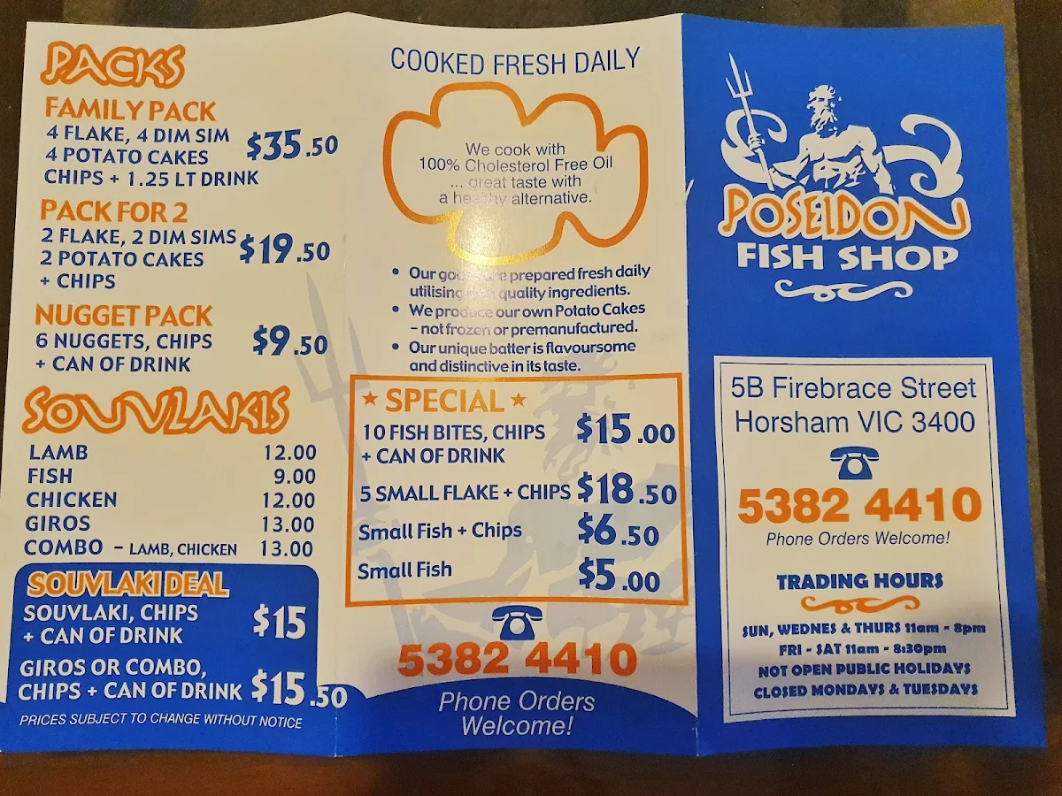 Menu, Poseidon Fish and Chips Horsham