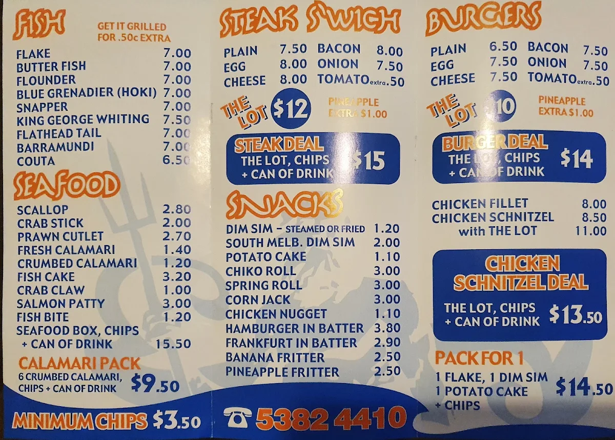 Menu, Poseidon Fish and Chips Horsham