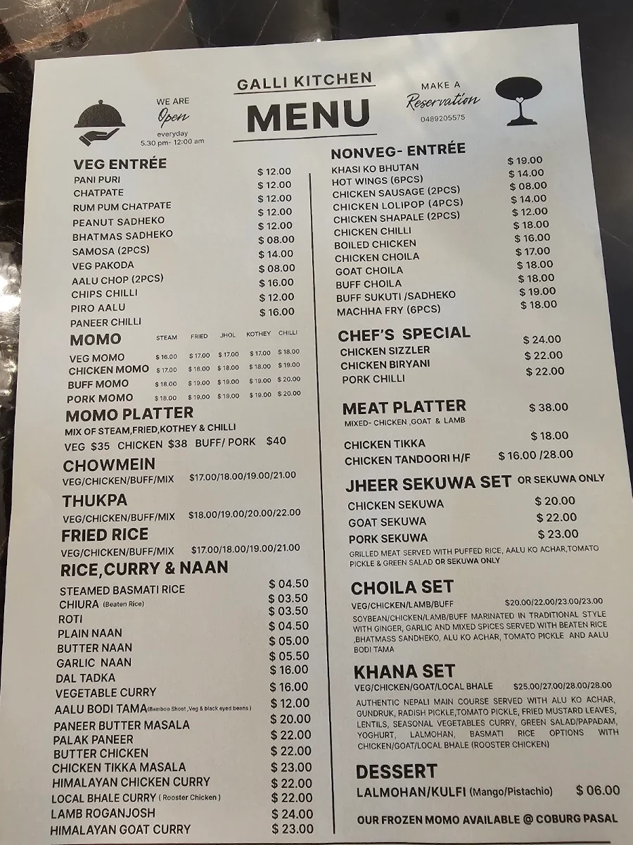 Menu, Galli Kitchen
