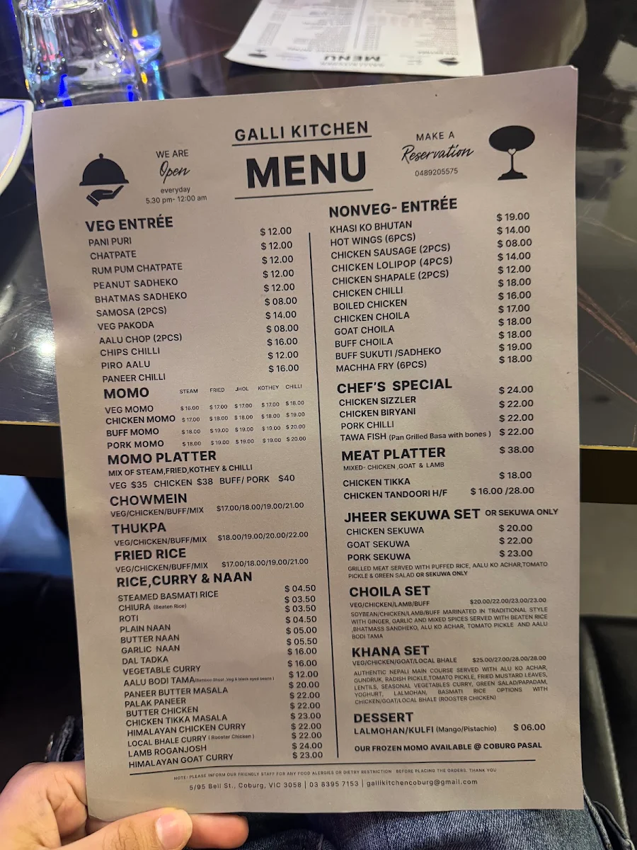 Menu, Galli Kitchen