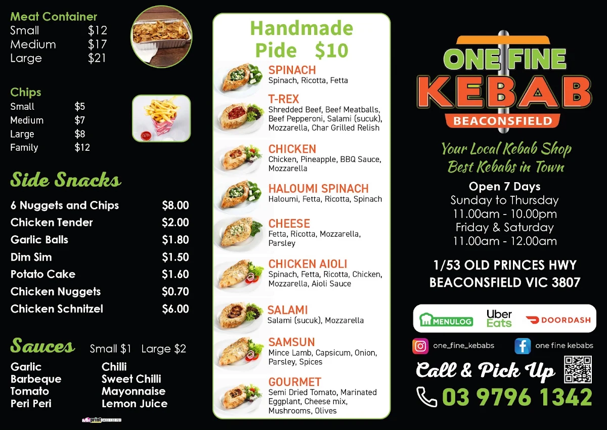Menu, One Fine Kebab