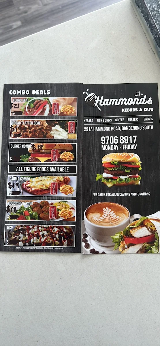 Menu, Hammonds Kebabs & Cafe