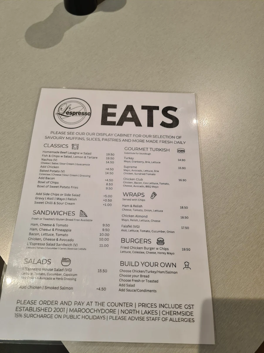 Menu, L'Espresso Coffee House
