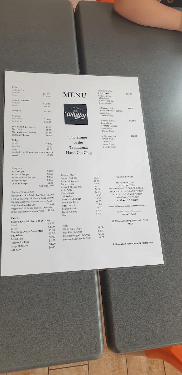 Menu, Fryer of Whitby