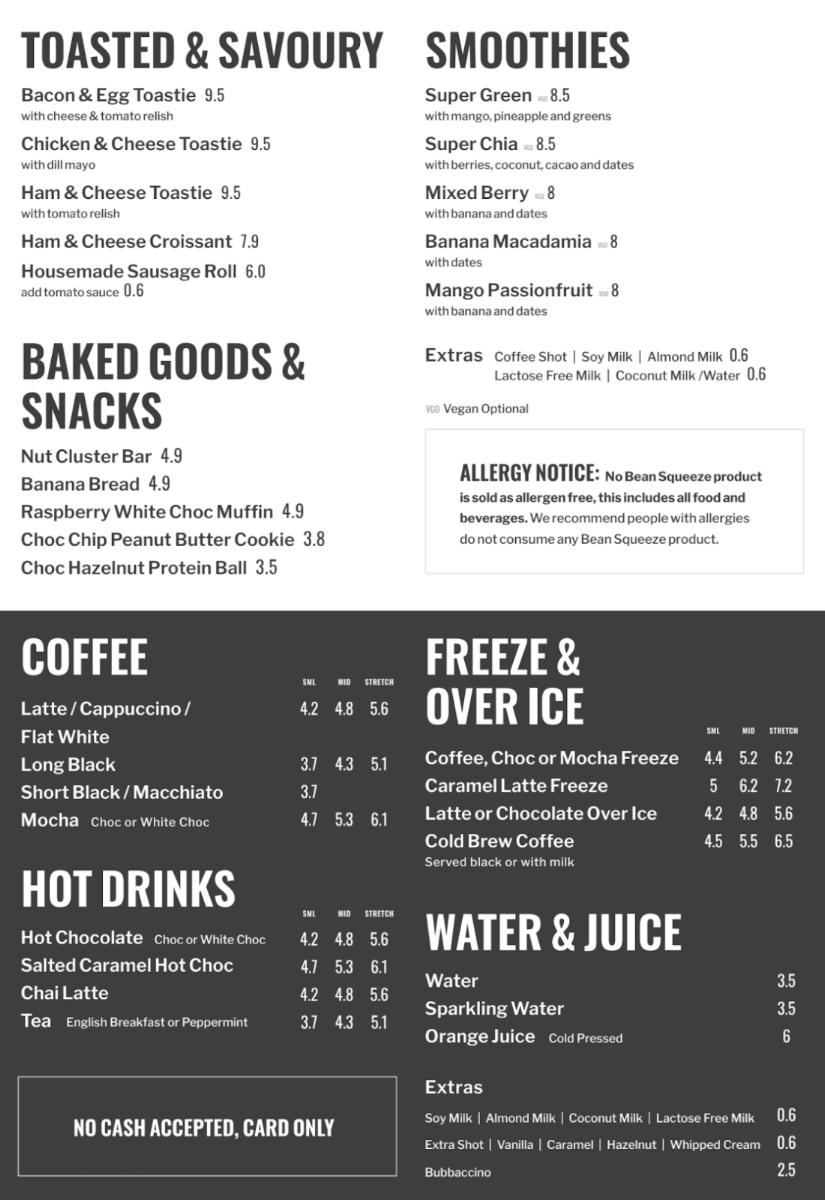 Menu, Bean Squeeze Melbourne Rd