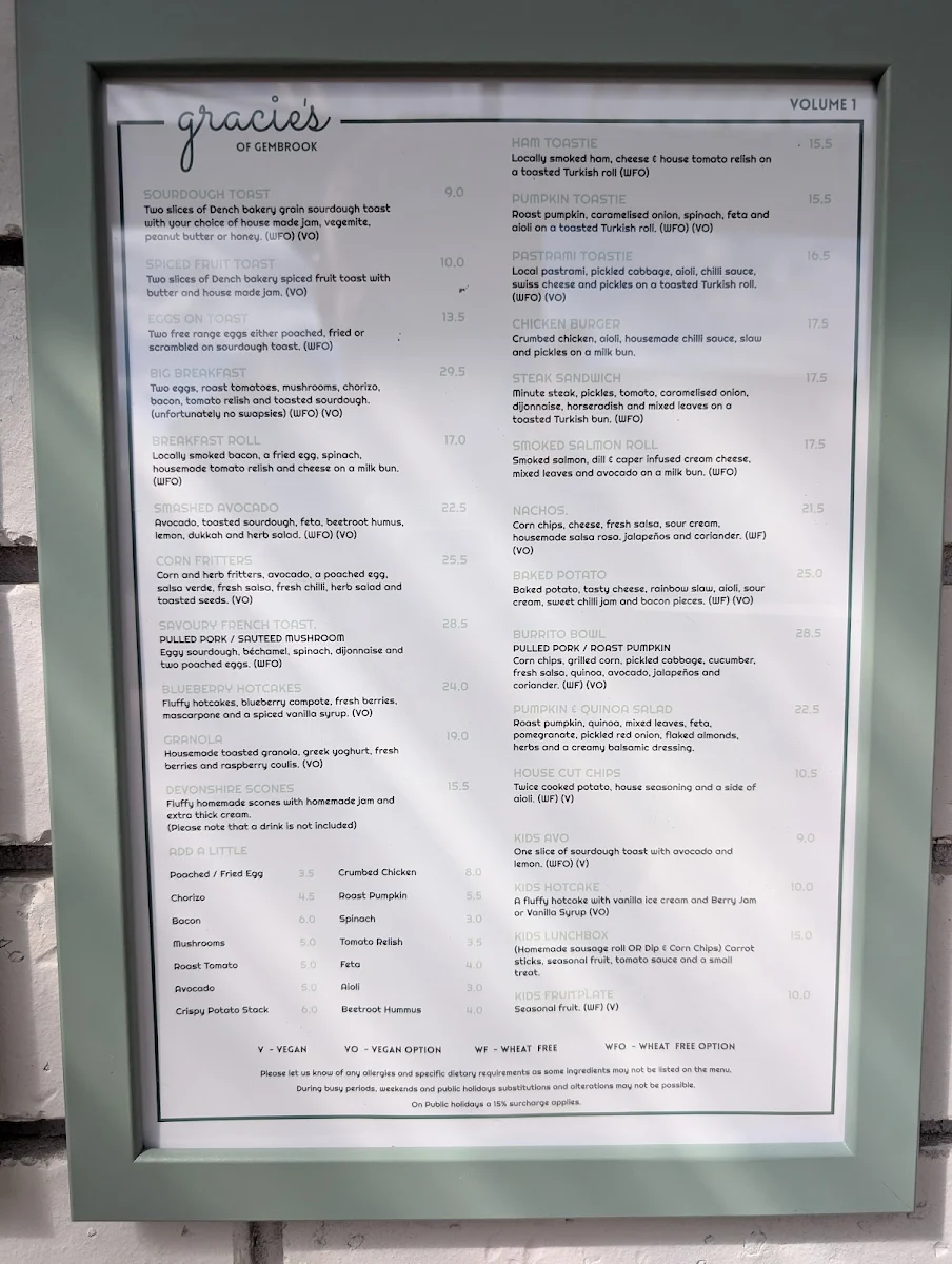 Menu, Gracie's of Gembrook
